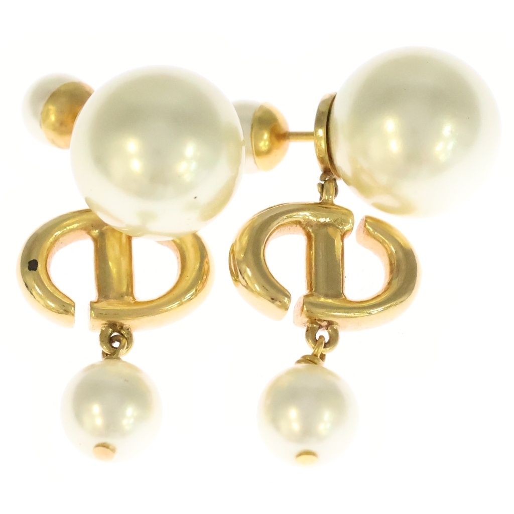 Dior CD Logo Rhinestone Fakepearl Earrings White Gold — view 2