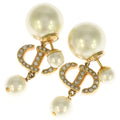 Dior CD Logo Rhinestone Fakepearl Earrings White Gold