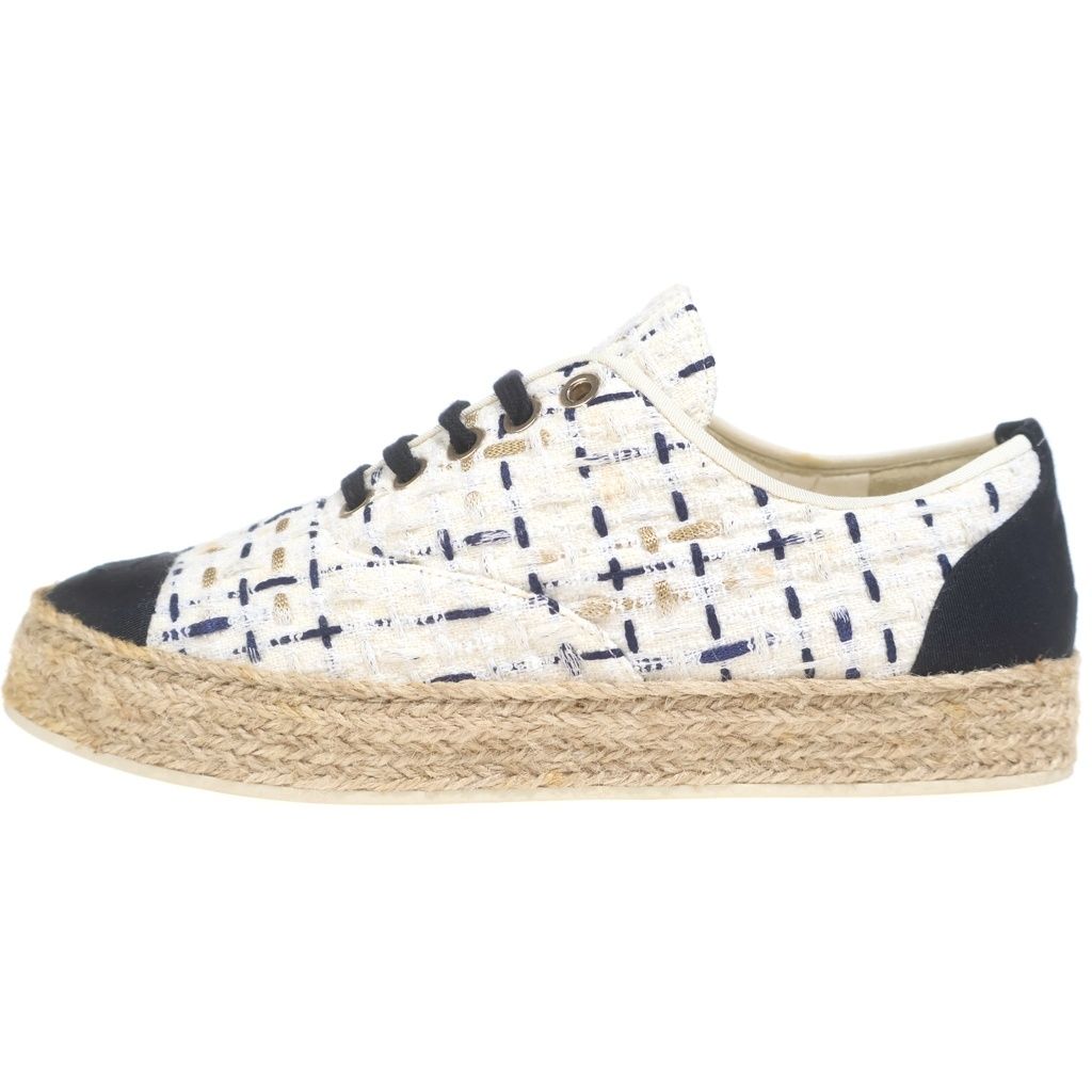 Chanel CC Logo Tweed Sneakers White Navy