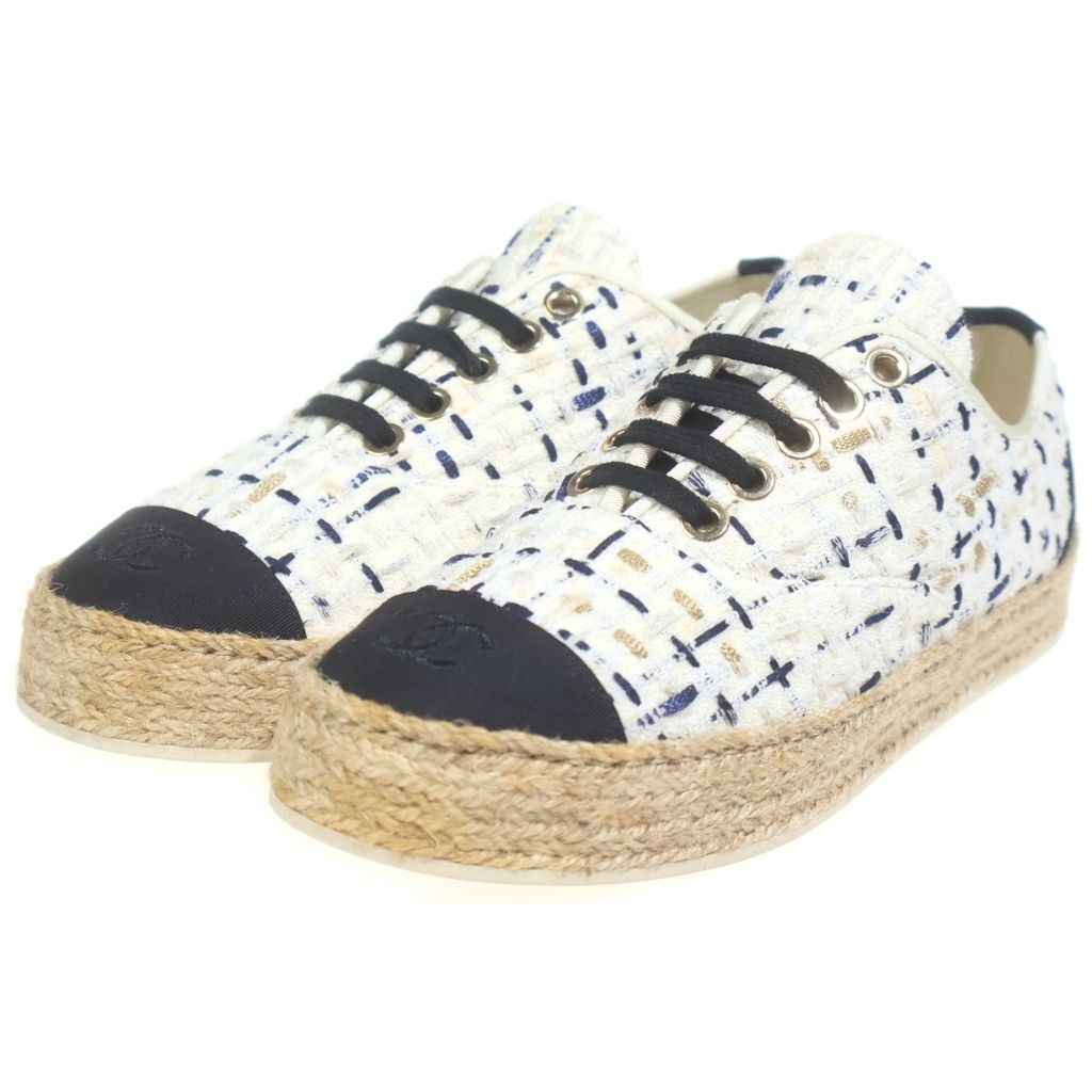 Chanel CC Logo Tweed Sneakers White Navy — view 2