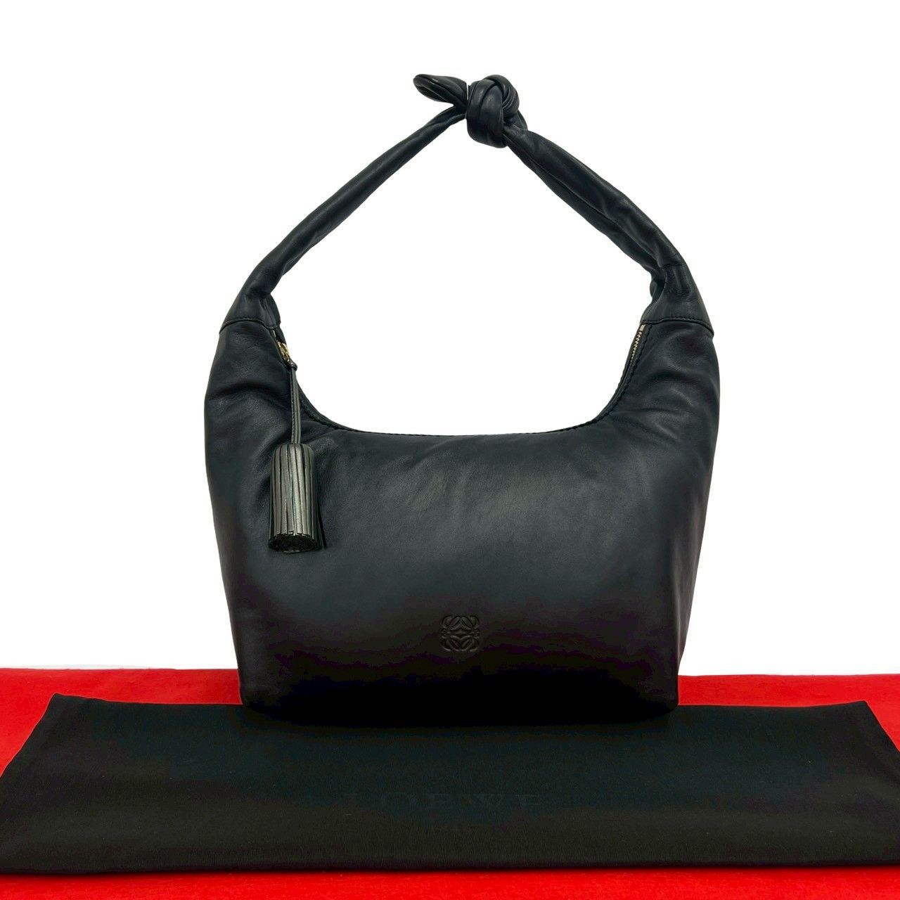 Loewe Anagram Logo Leather Tassel Shoulder Bag Mini Tote Black