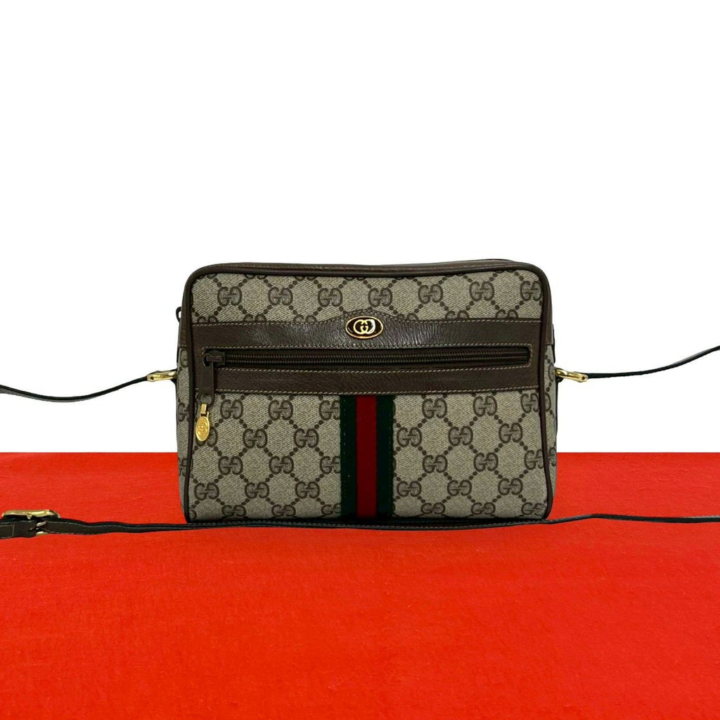 Gucci Vintage Sherry Line GG Logo Leather Shoulder Bag Brown