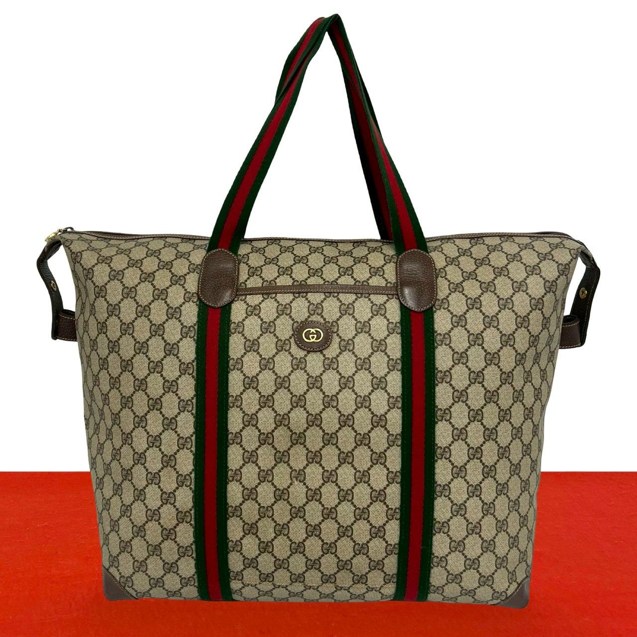 Gucci Vintage Sherry Line GG Logo Leather Tote Boston Bag Brown