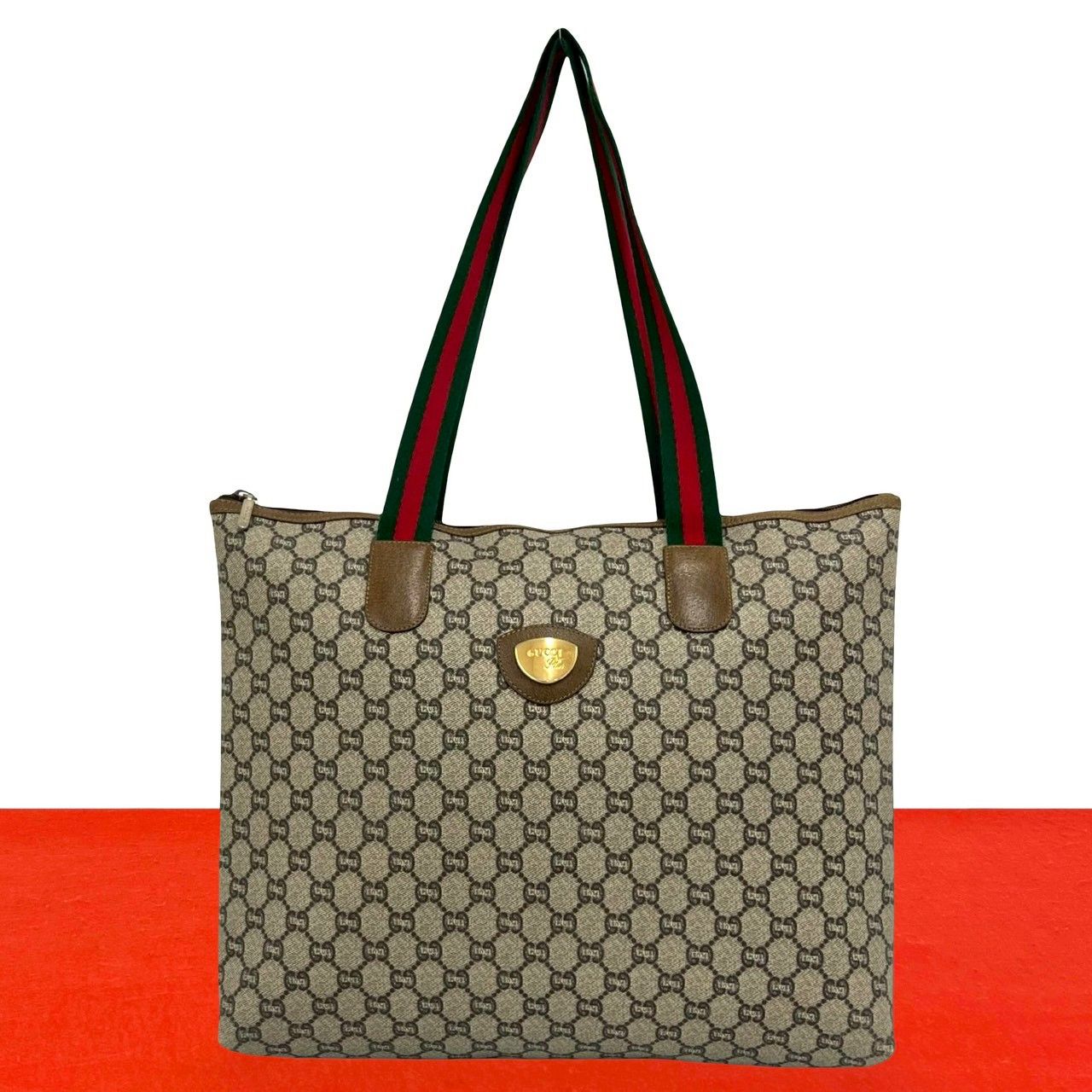 Gucci Vintage Sherry Line GG Logo Leather Tote Shoulder Bag Brown