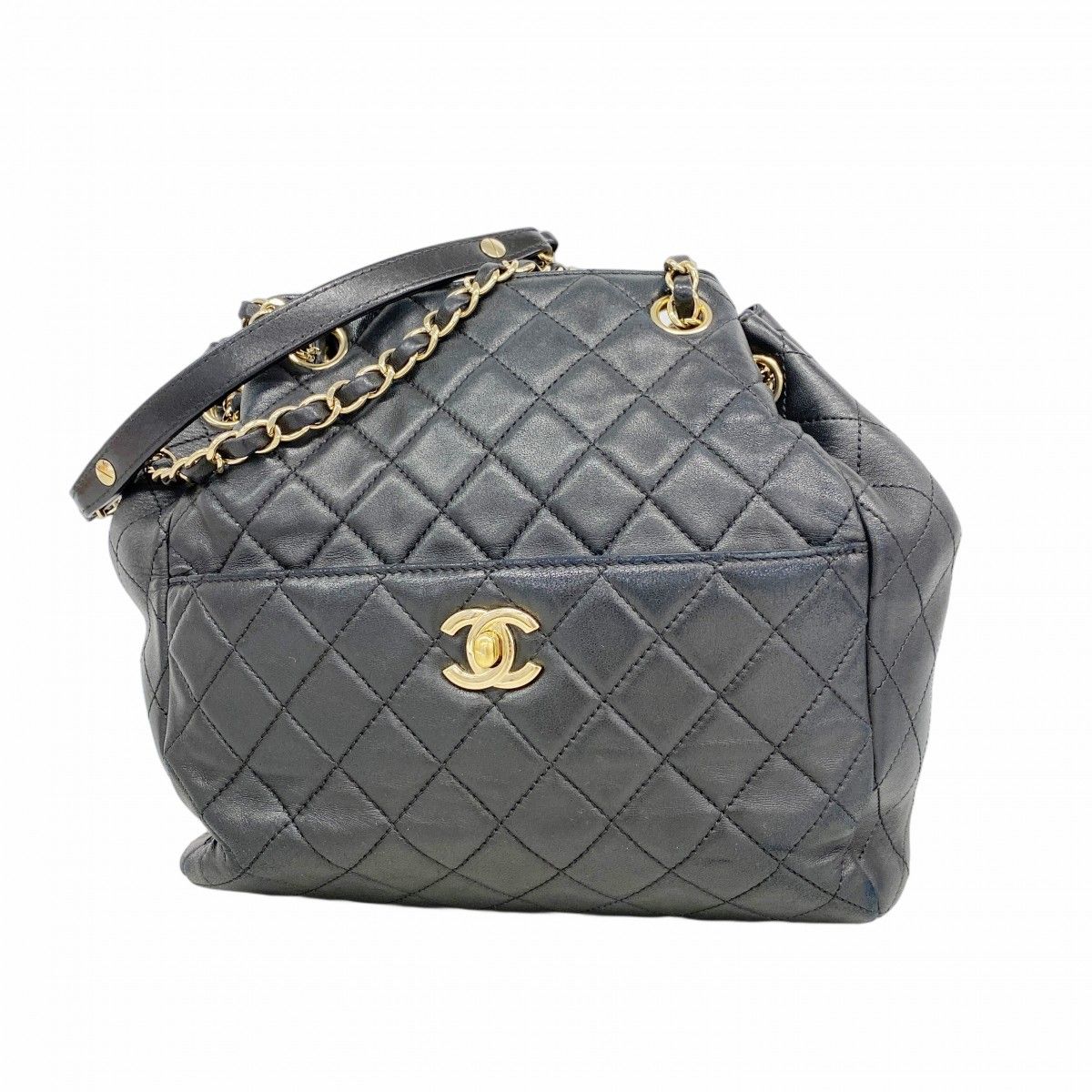 Chanel Shoulder Bag Quilted Lambskin Black Gold