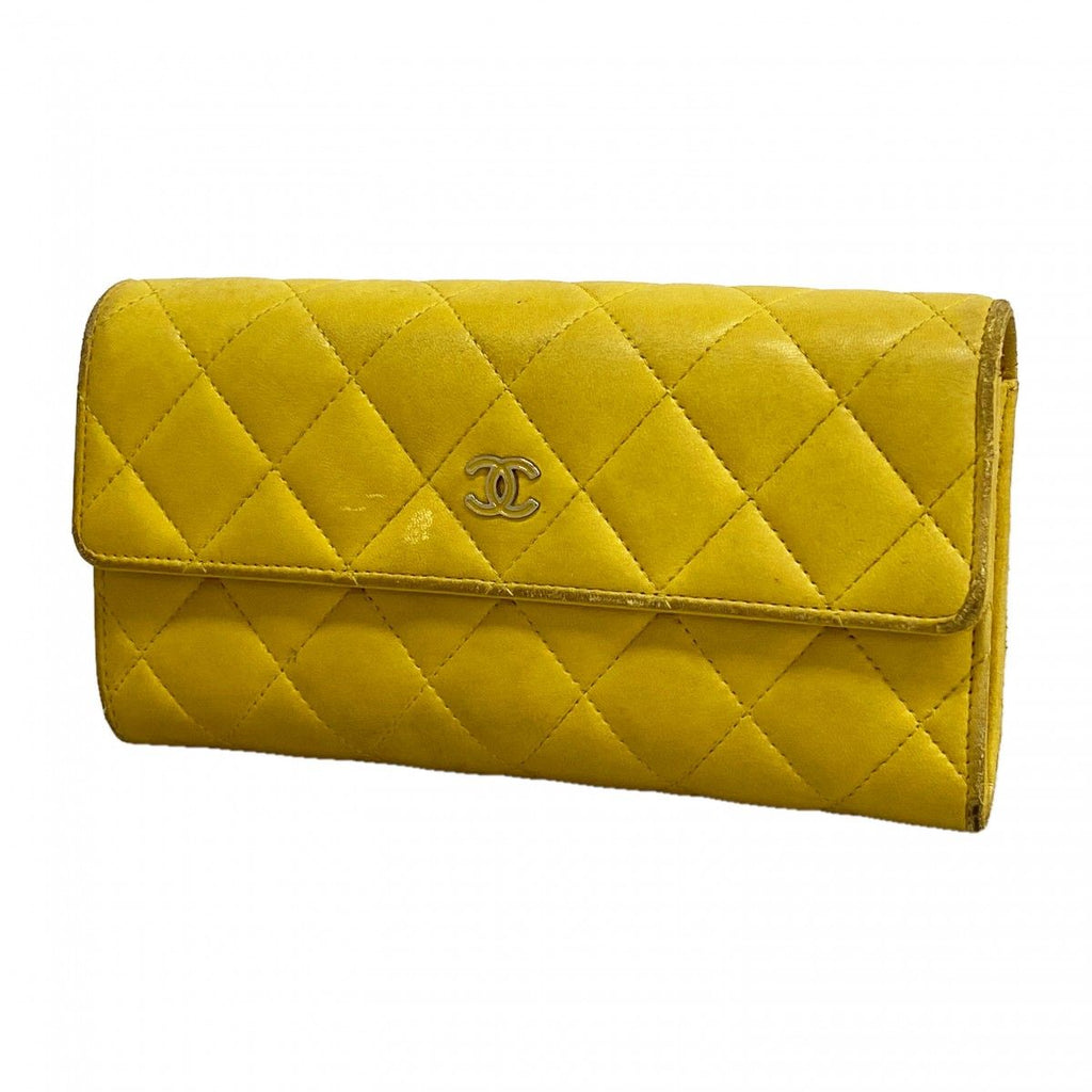 Chanel Wallet Quilted Lambskin Yellow Silver