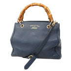 Gucci Handbag Bamboo Leather Blue Chien Panning Gold 2-Way