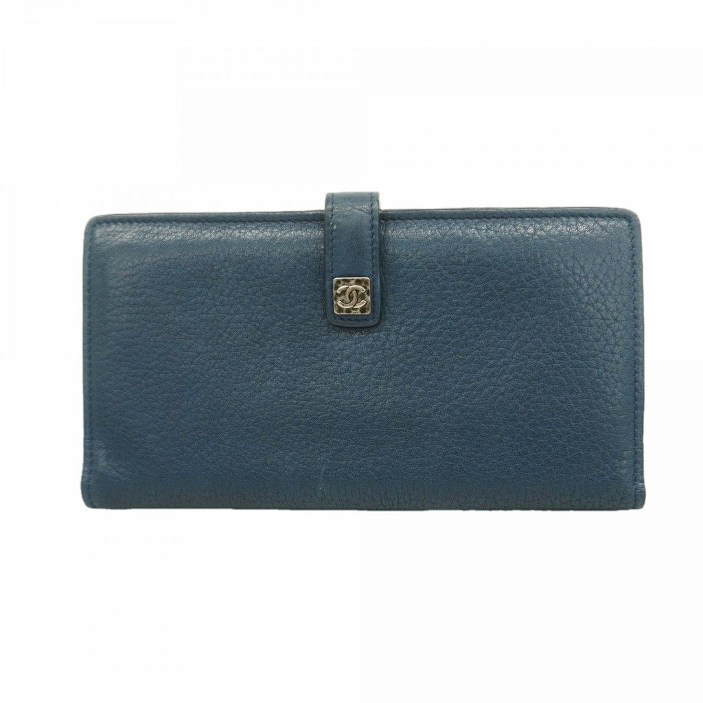Chanel Wallet Leather Blue Silver
