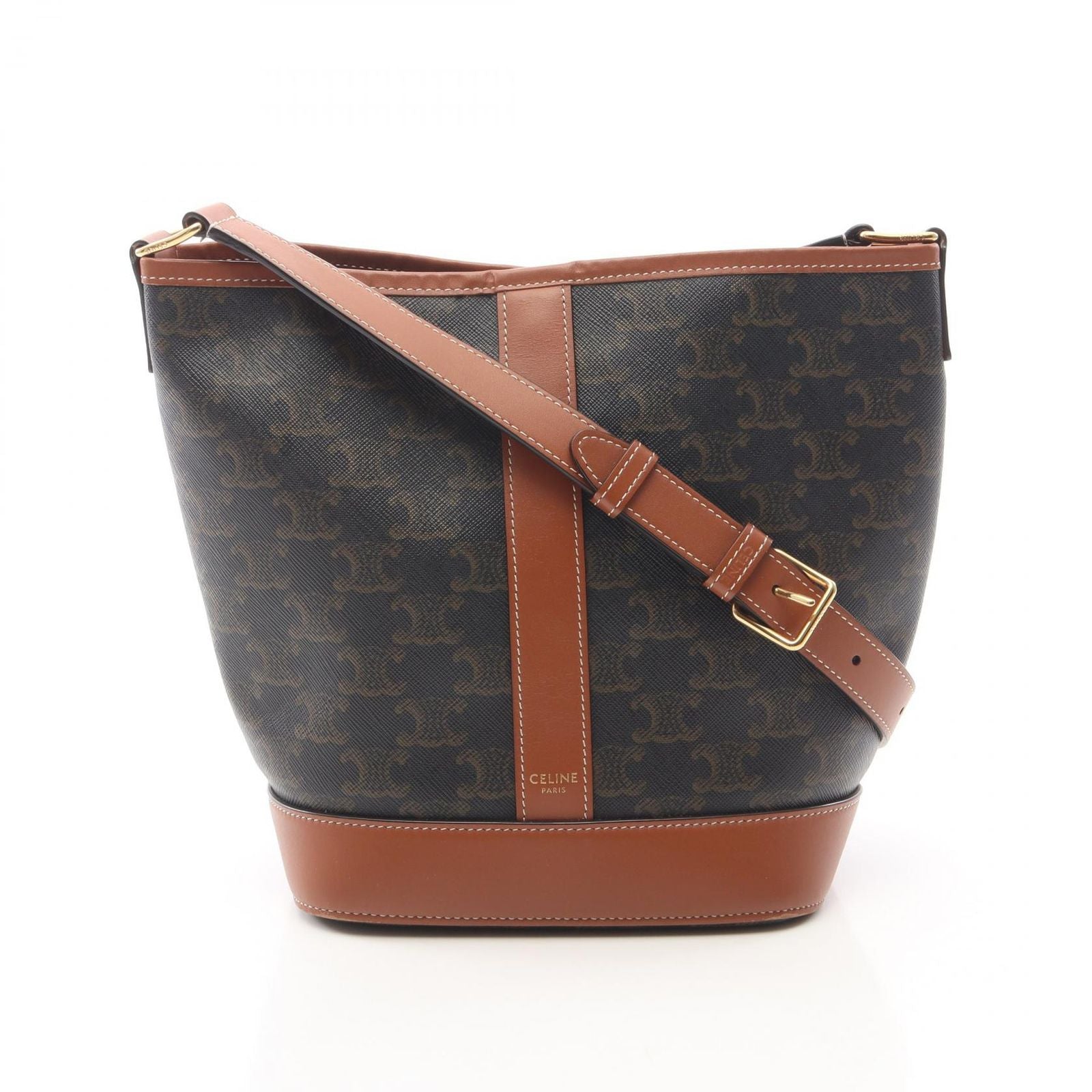 Celine Shoulder Bag Small Bucket Triomphe Black Brown Canvas Leather