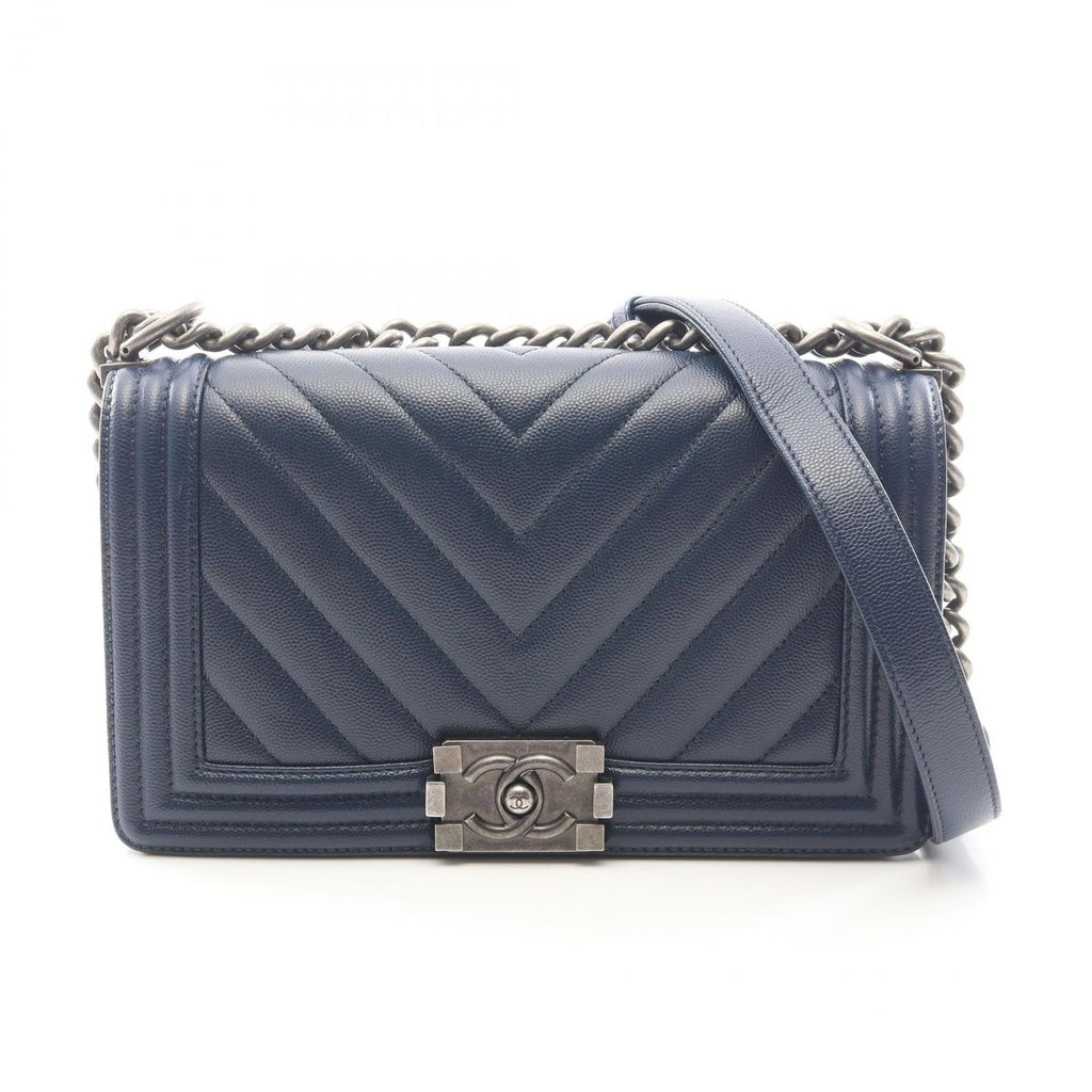 Chanel Shoulder Bag Boy Blanc Stitch Blue Calf Boy Chain