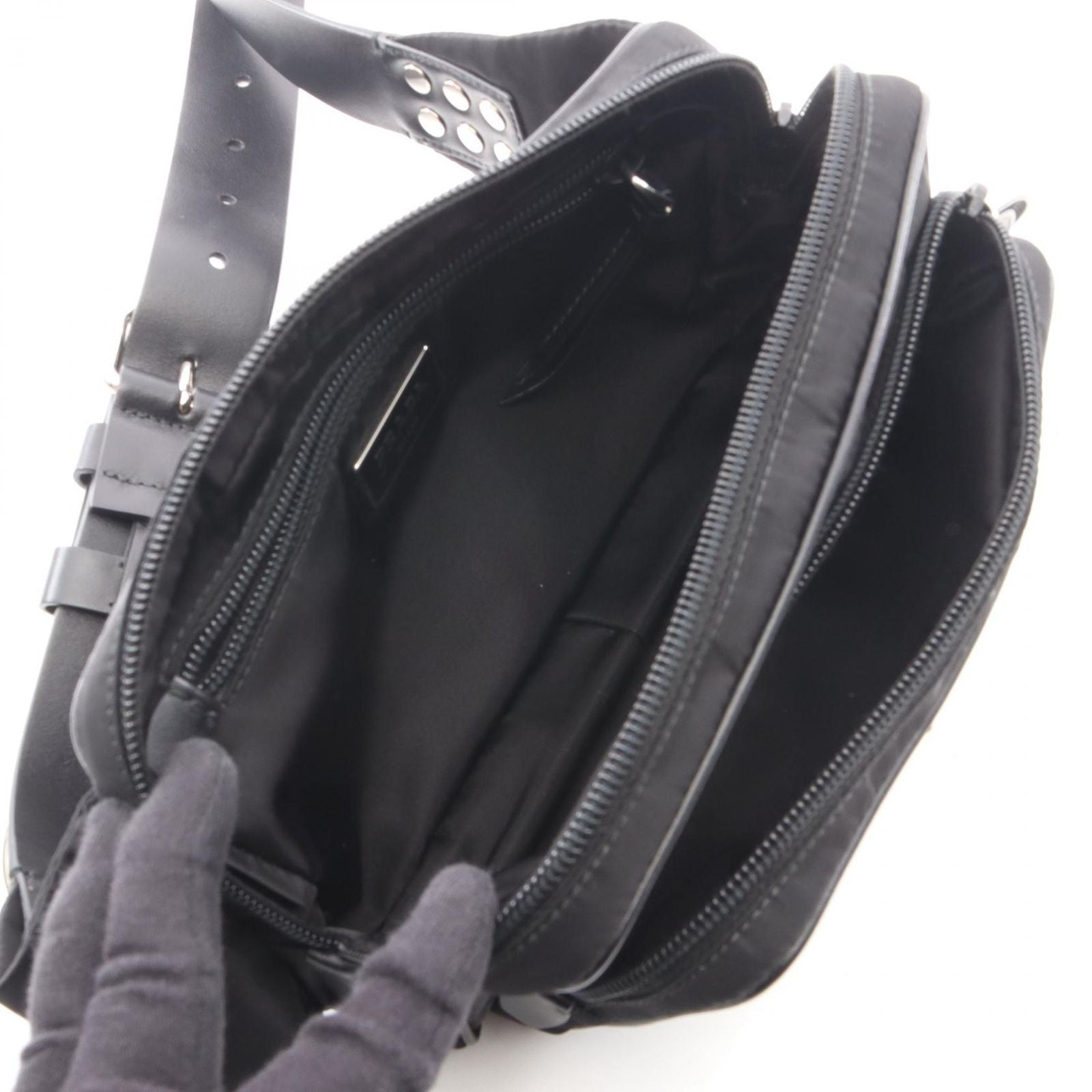 Prada Waist Bag Triangle Logo Studs Black Nylon Leather — view 3