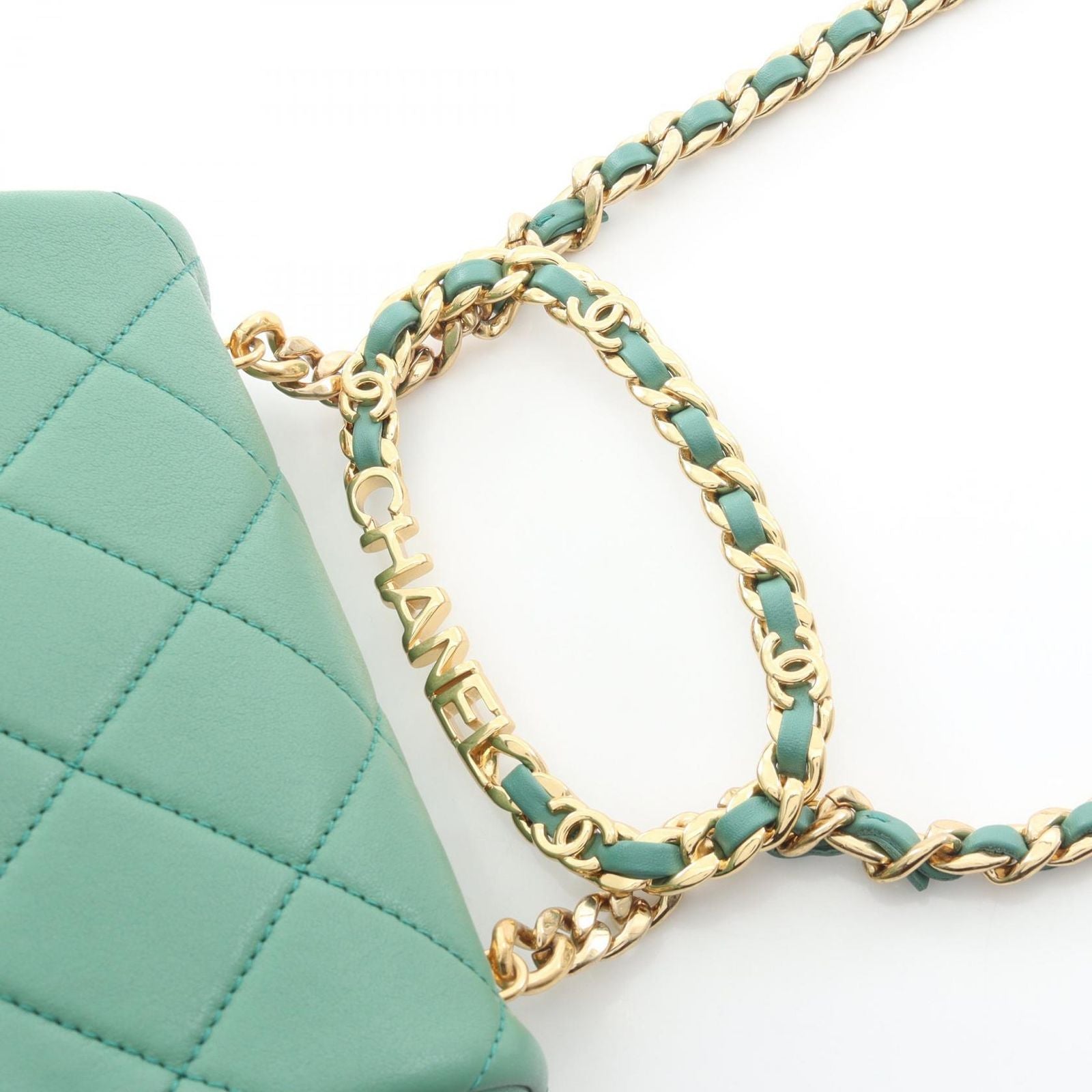 Chanel Shoulder Bag Mini Quilted Oval Logo Top Handle 2-Way Green Lambskin Mini — view 6