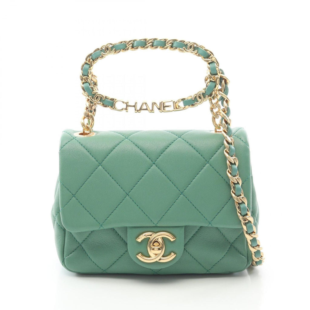 Chanel Shoulder Bag Mini Quilted Oval Logo Top Handle 2-Way Green Lambskin Mini