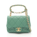 Chanel Shoulder Bag Mini Quilted Oval Logo Top Handle 2-Way Green Lambskin Mini