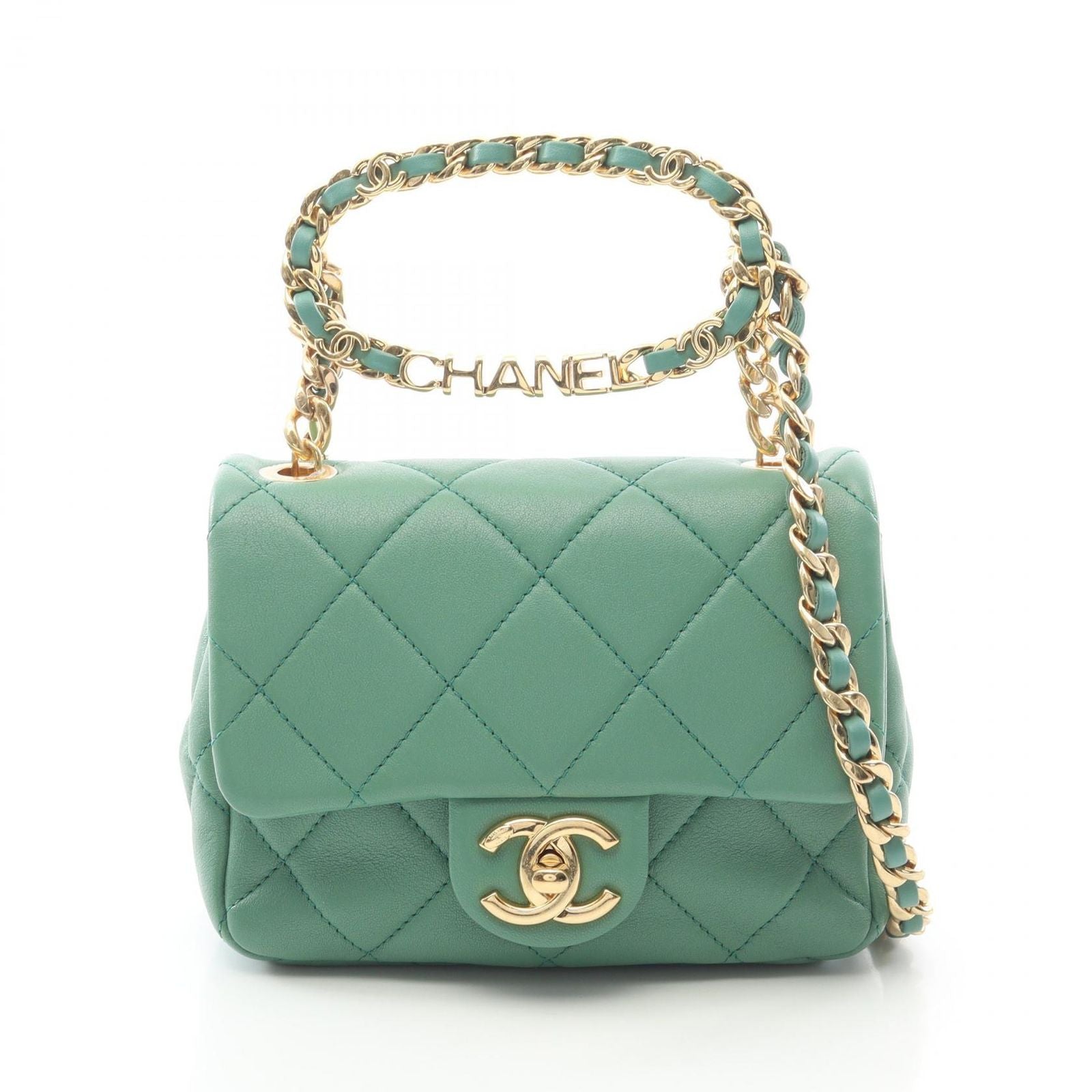 Chanel Shoulder Bag Mini Quilted Oval Logo Top Handle 2-Way Green Lambskin Mini