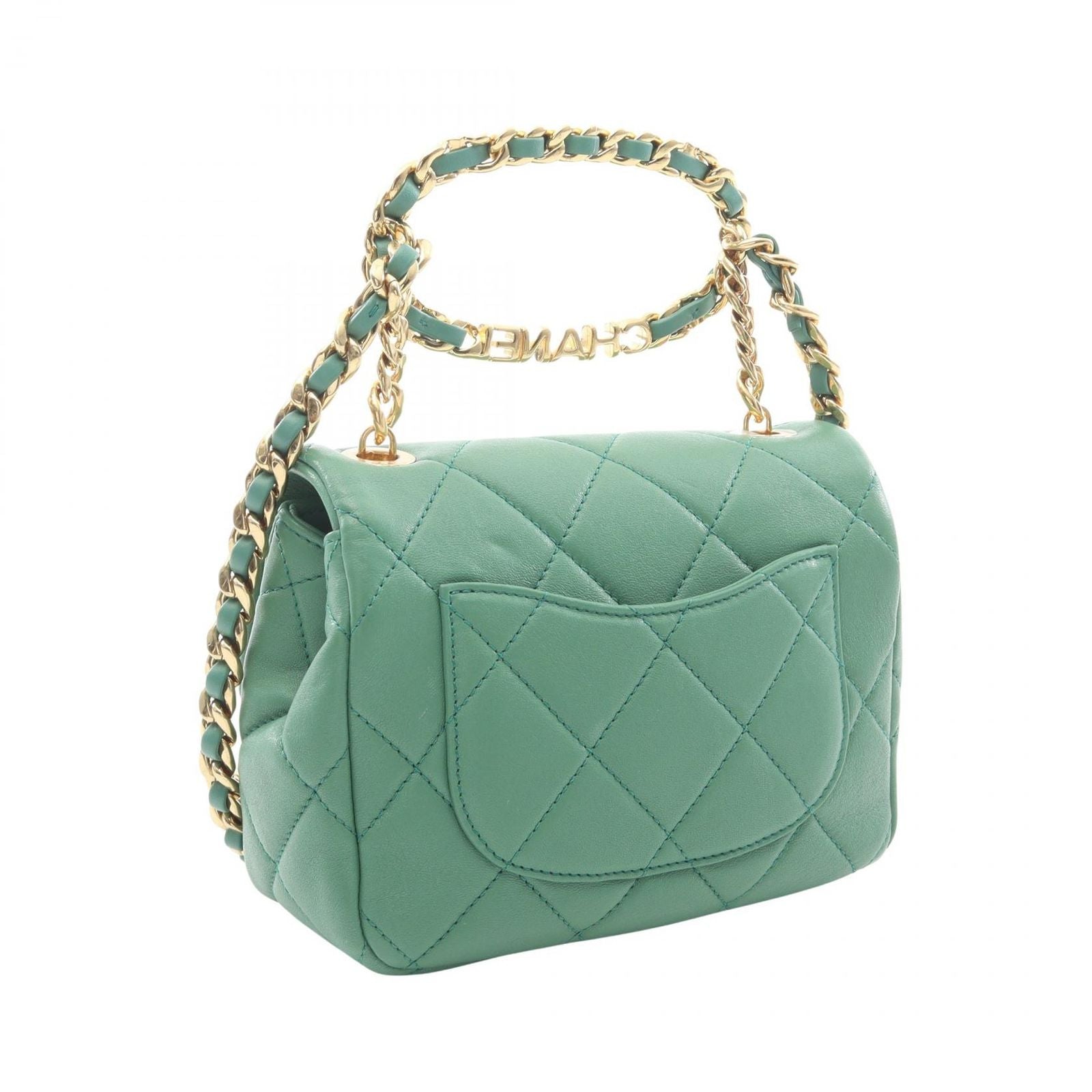 Chanel Shoulder Bag Mini Quilted Oval Logo Top Handle 2-Way Green Lambskin Mini — view 2