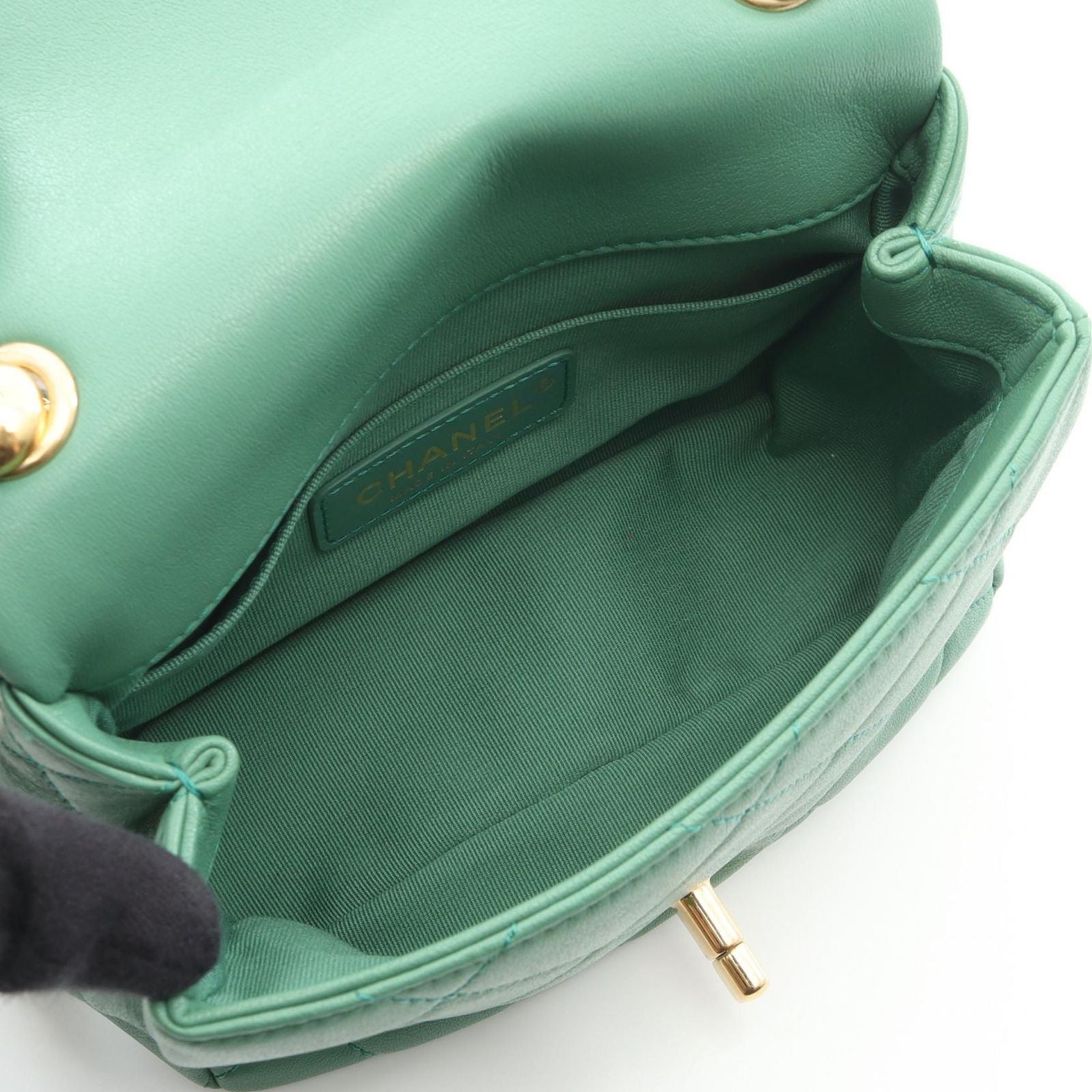 Chanel Shoulder Bag Mini Quilted Oval Logo Top Handle 2-Way Green Lambskin Mini — view 3