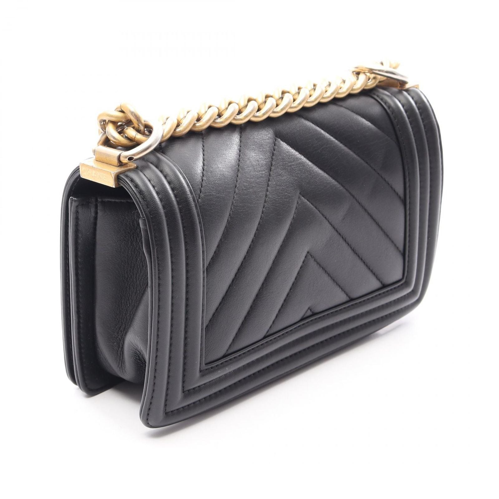 Chanel Shoulder Bag Boy Small Blanc Stitch Black Lambskin Boy Mini Chain — view 2