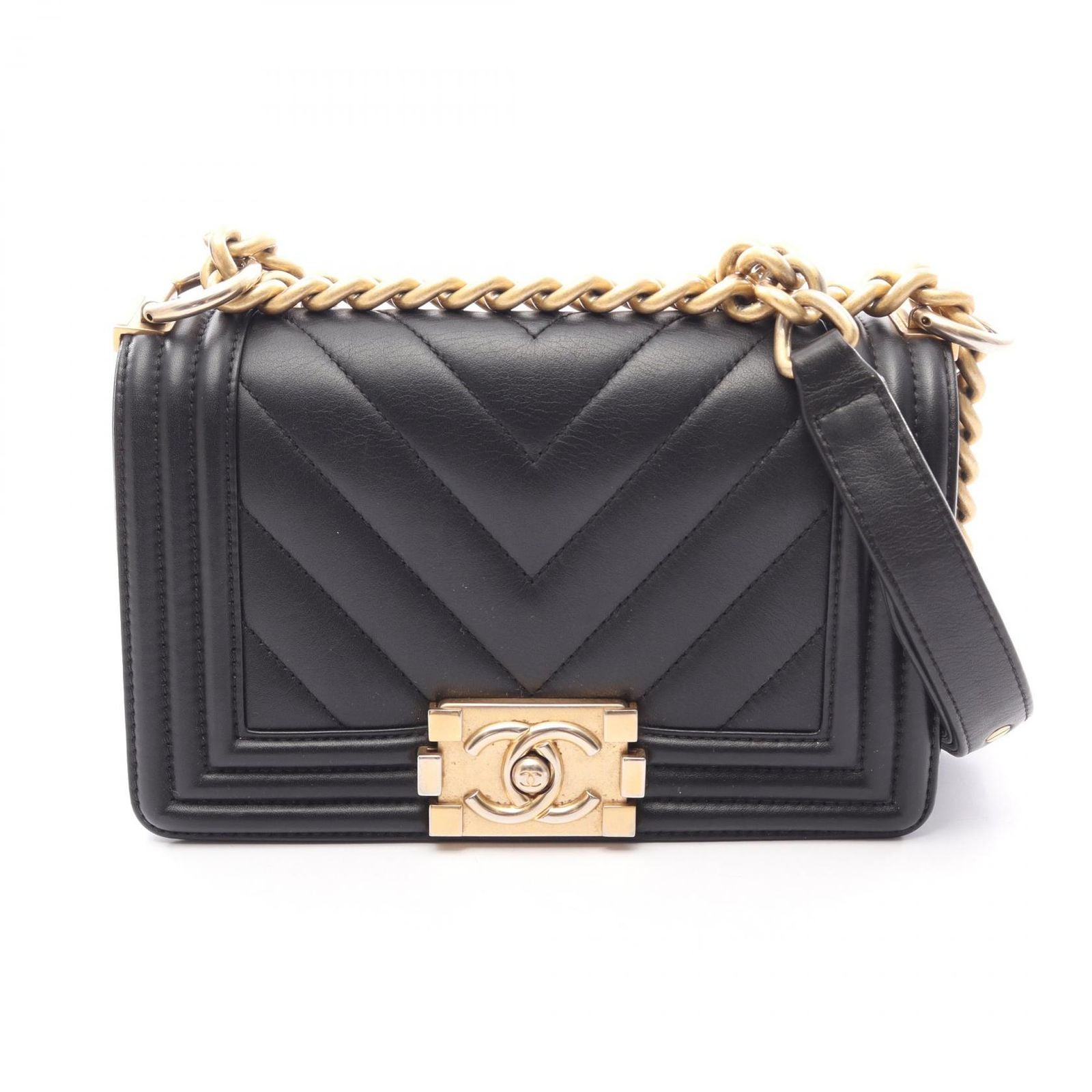Chanel Shoulder Bag Boy Small Blanc Stitch Black Lambskin Boy Mini Chain