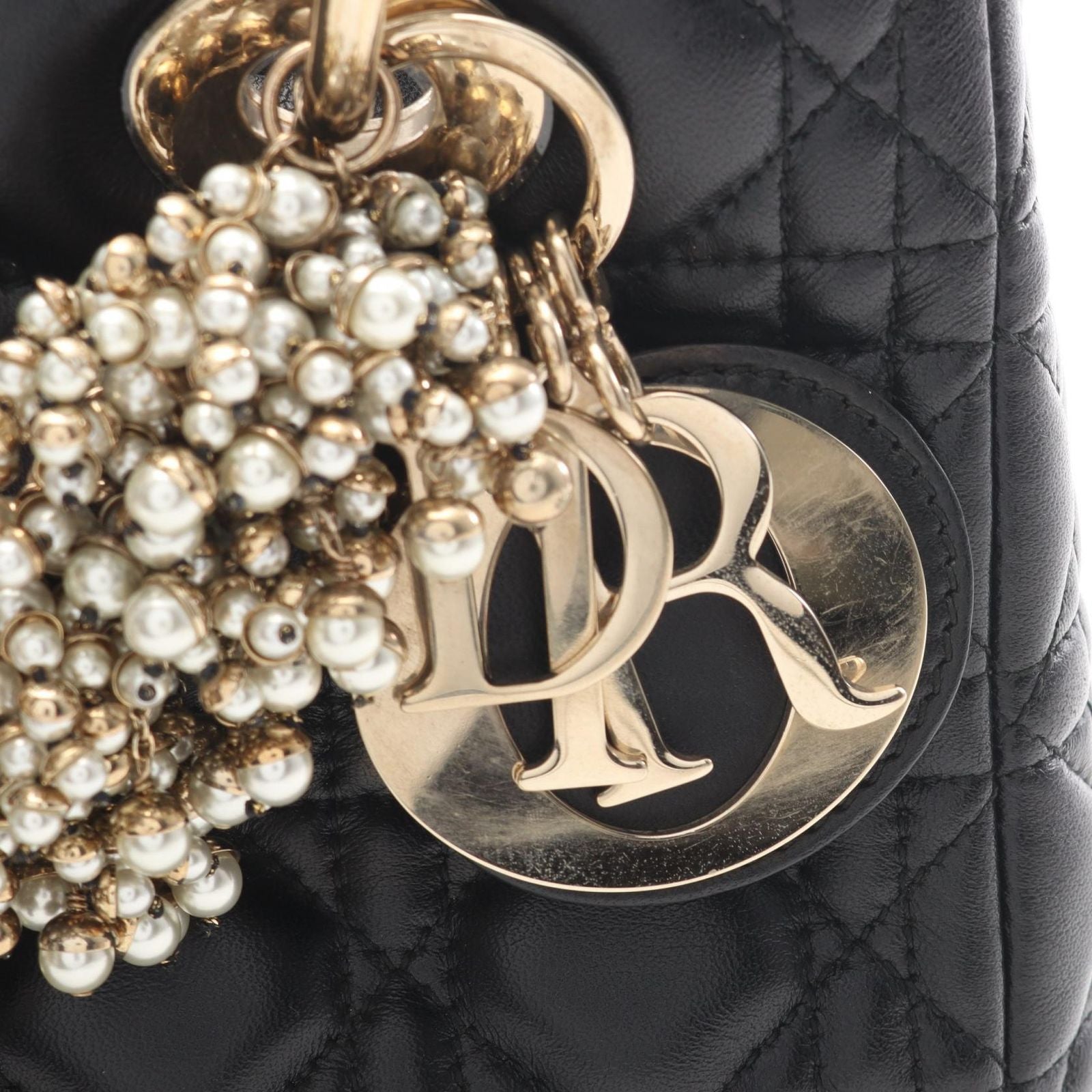 Dior Handbag Lady Dior Cannage Faux Pearl 2-Way Black Leather Tote — view 6