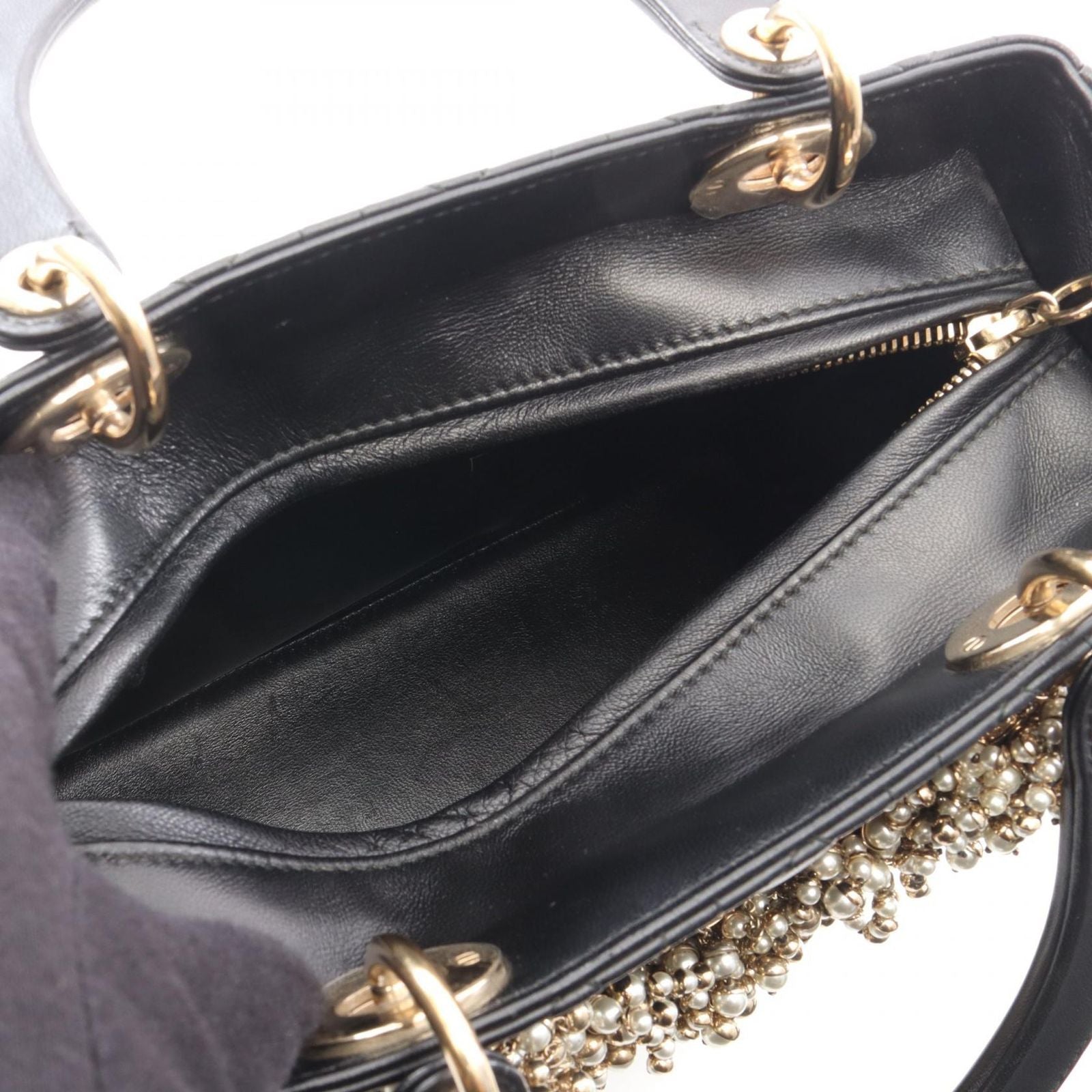 Dior Handbag Lady Dior Cannage Faux Pearl 2-Way Black Leather Tote — view 3