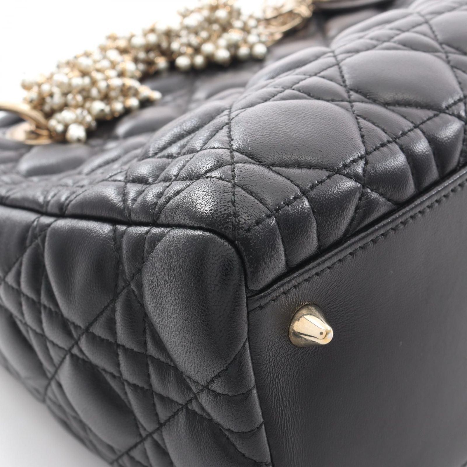 Dior Handbag Lady Dior Cannage Faux Pearl 2-Way Black Leather Tote — view 8
