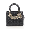 Dior Handbag Lady Dior Cannage Faux Pearl 2-Way Black Leather Tote