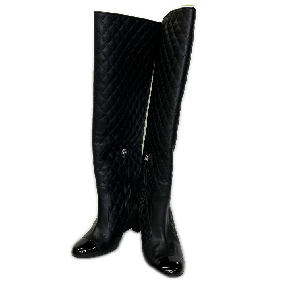 Chanel CC Logo Patent Toe Quilted Long Boots 36 1 2C