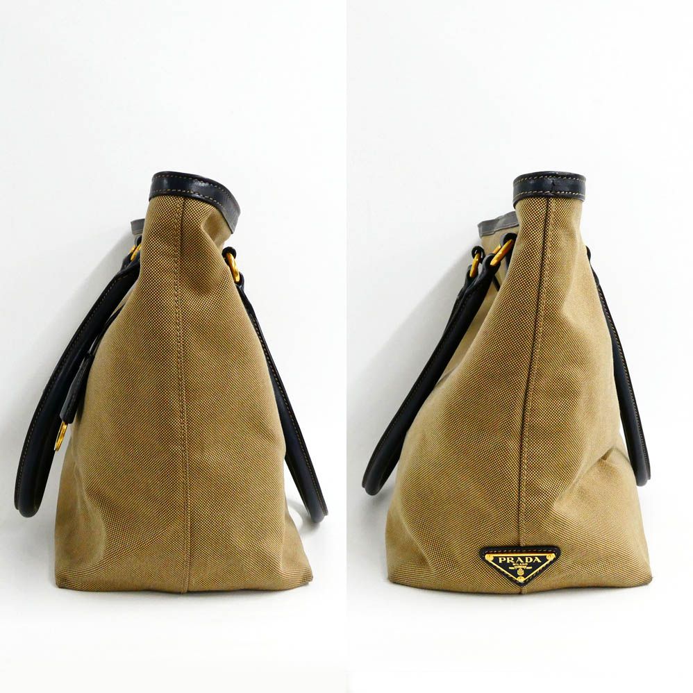 Prada Logo Jacquard Tote Beige Navy Shoulder Canvas Leather — view 4