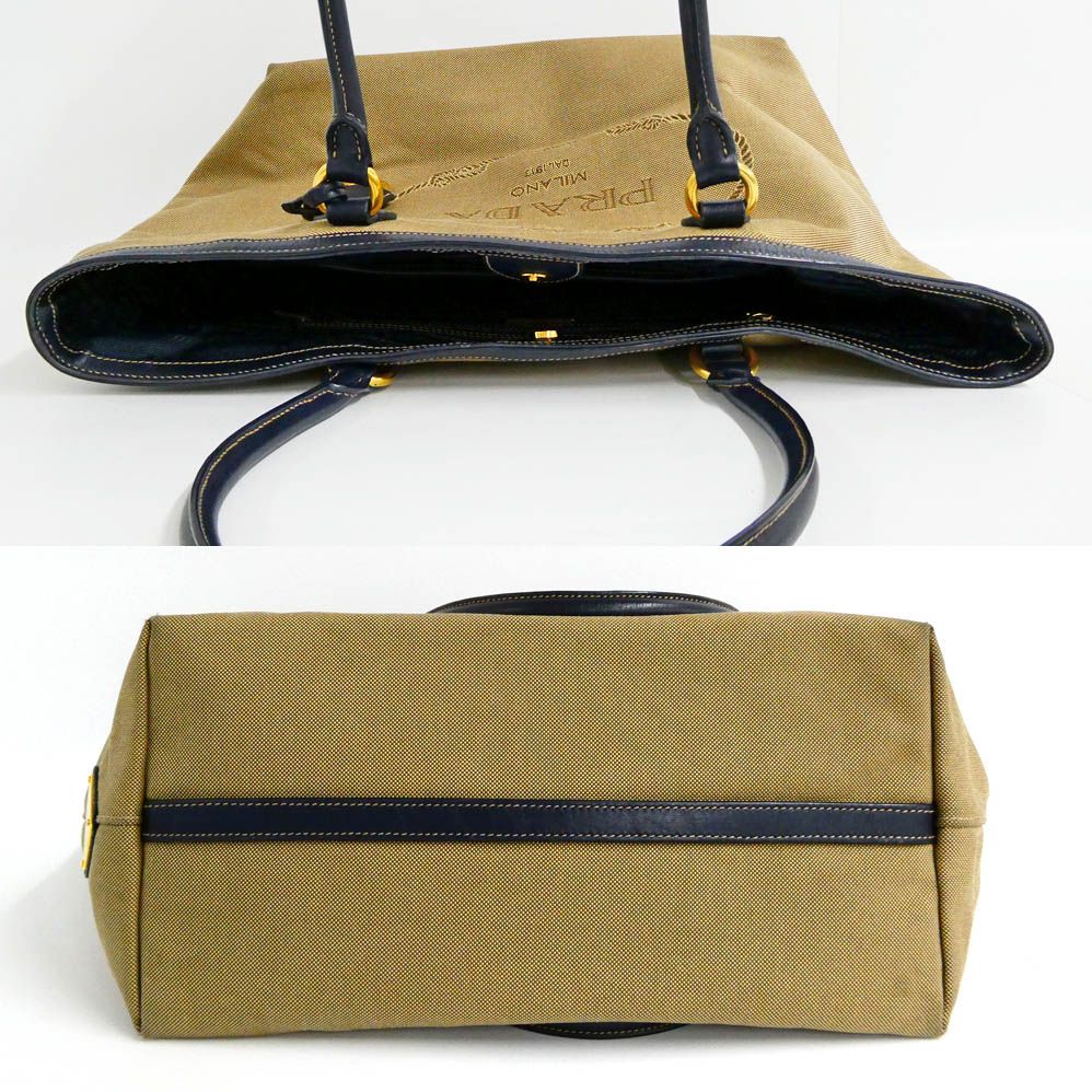Prada Logo Jacquard Tote Beige Navy Shoulder Canvas Leather — view 3
