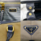Prada Logo Jacquard Tote Beige Navy Shoulder Canvas Leather — view 8