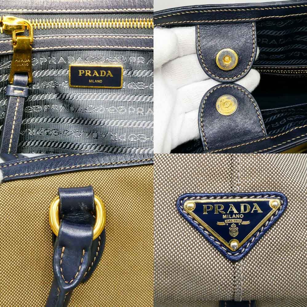 Prada Logo Jacquard Tote Beige Navy Shoulder Canvas Leather — view 8