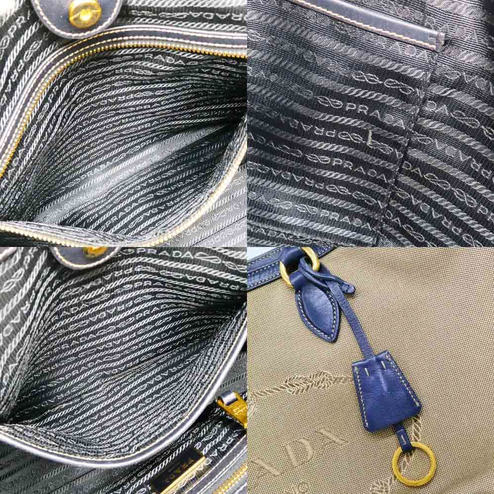 Prada Logo Jacquard Tote Beige Navy Shoulder Canvas Leather — view 6