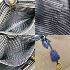 Prada Logo Jacquard Tote Beige Navy Shoulder Canvas Leather — view 6
