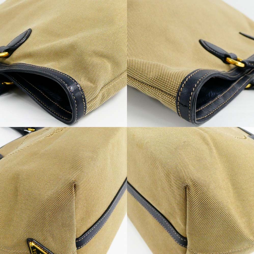 Prada Logo Jacquard Tote Beige Navy Shoulder Canvas Leather — view 9