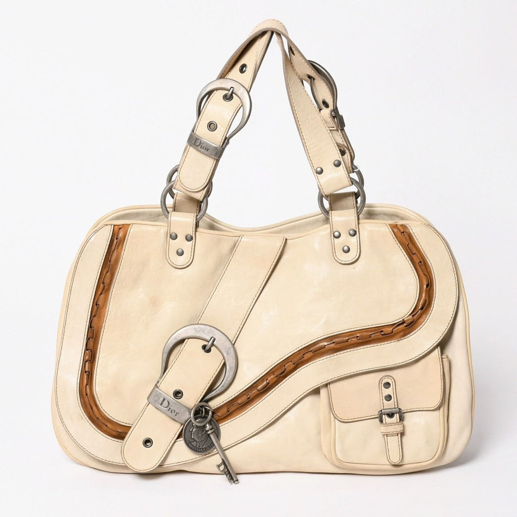 Dior Gaucho Saddle Tote Shoulder Bag Galliano Era Leather Beige