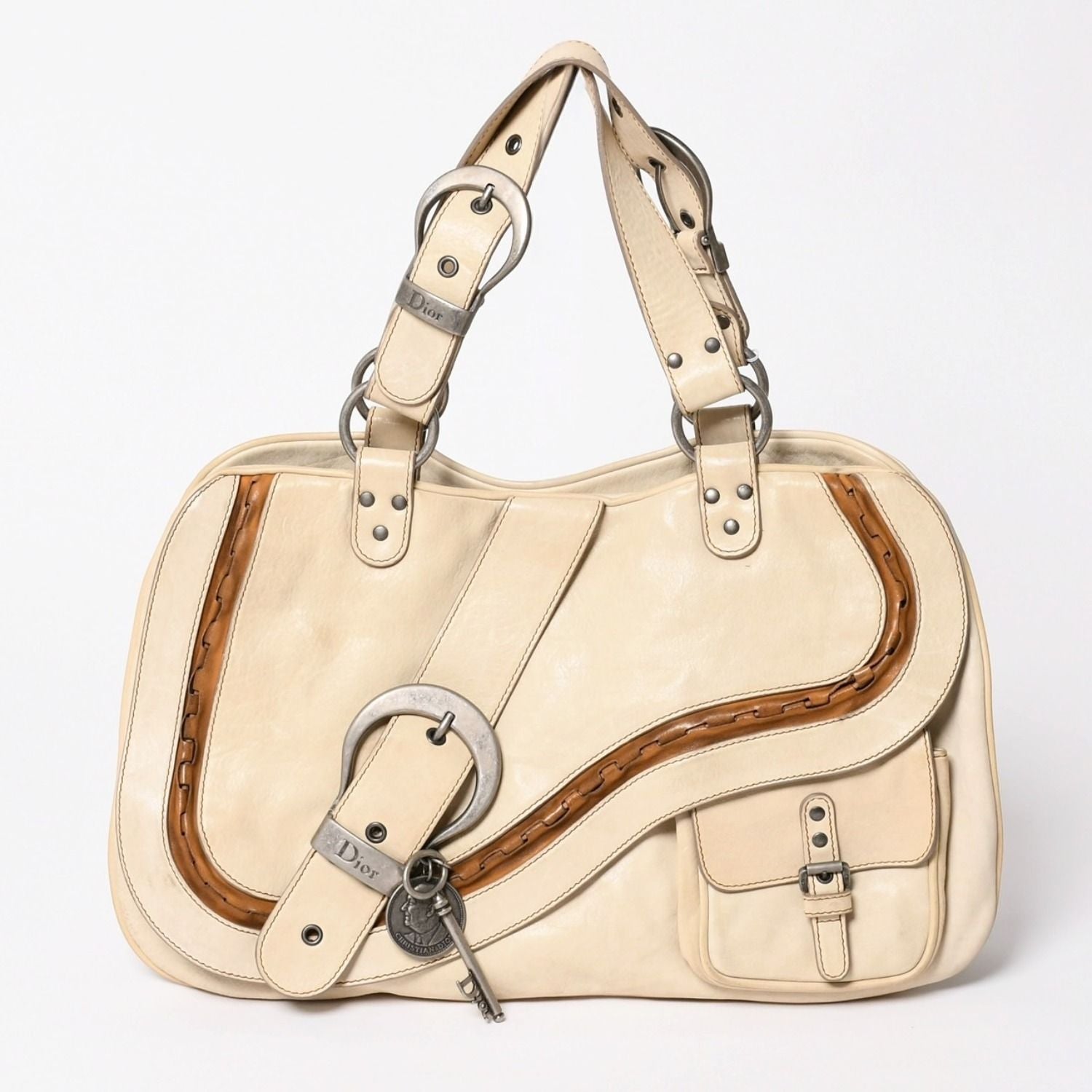 Dior Gaucho Saddle Tote Shoulder Bag Galliano Era Leather Beige