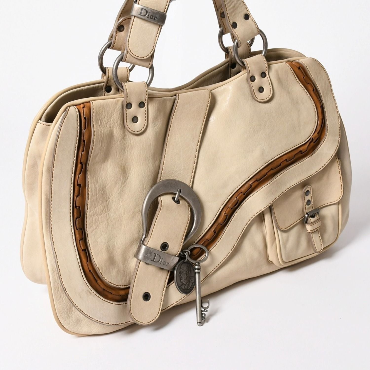 Dior Gaucho Saddle Tote Shoulder Bag Galliano Era Leather Beige — view 3