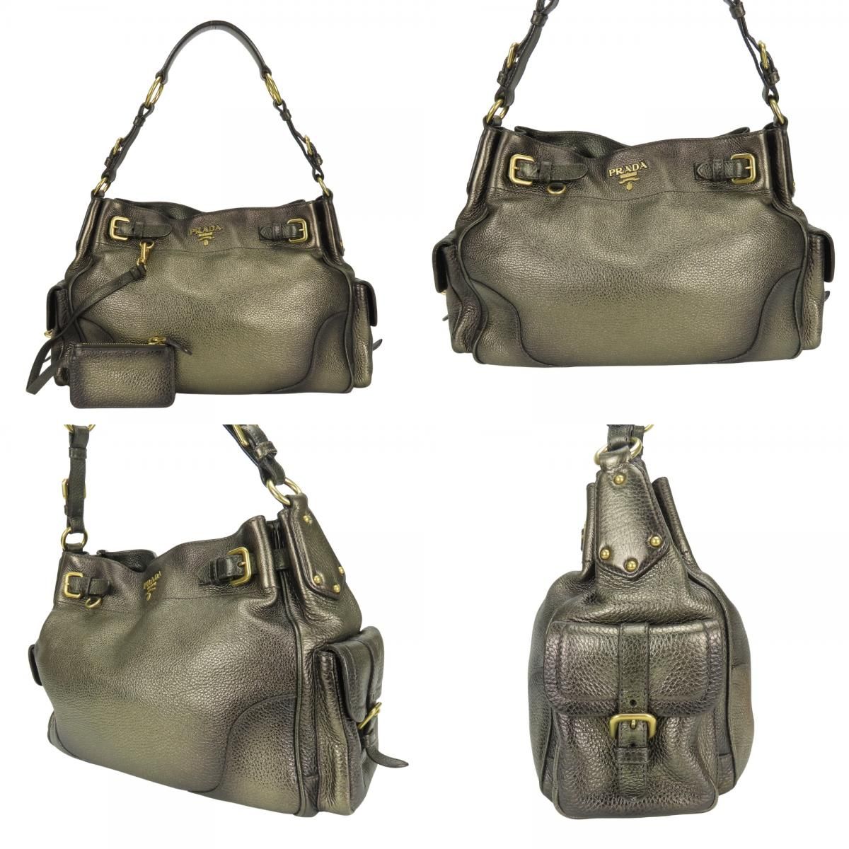 Prada Shoulder Bag Leather Blanc Gold Brown Daily