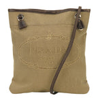 Prada Shoulder Bag Canvas Leather Beige Brown Silver Crossbody Logo Jacquard