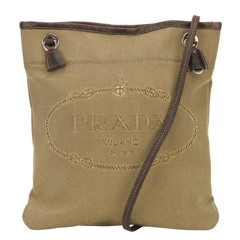 Prada Shoulder Bag Canvas Leather Beige Brown Silver Crossbody Logo Jacquard