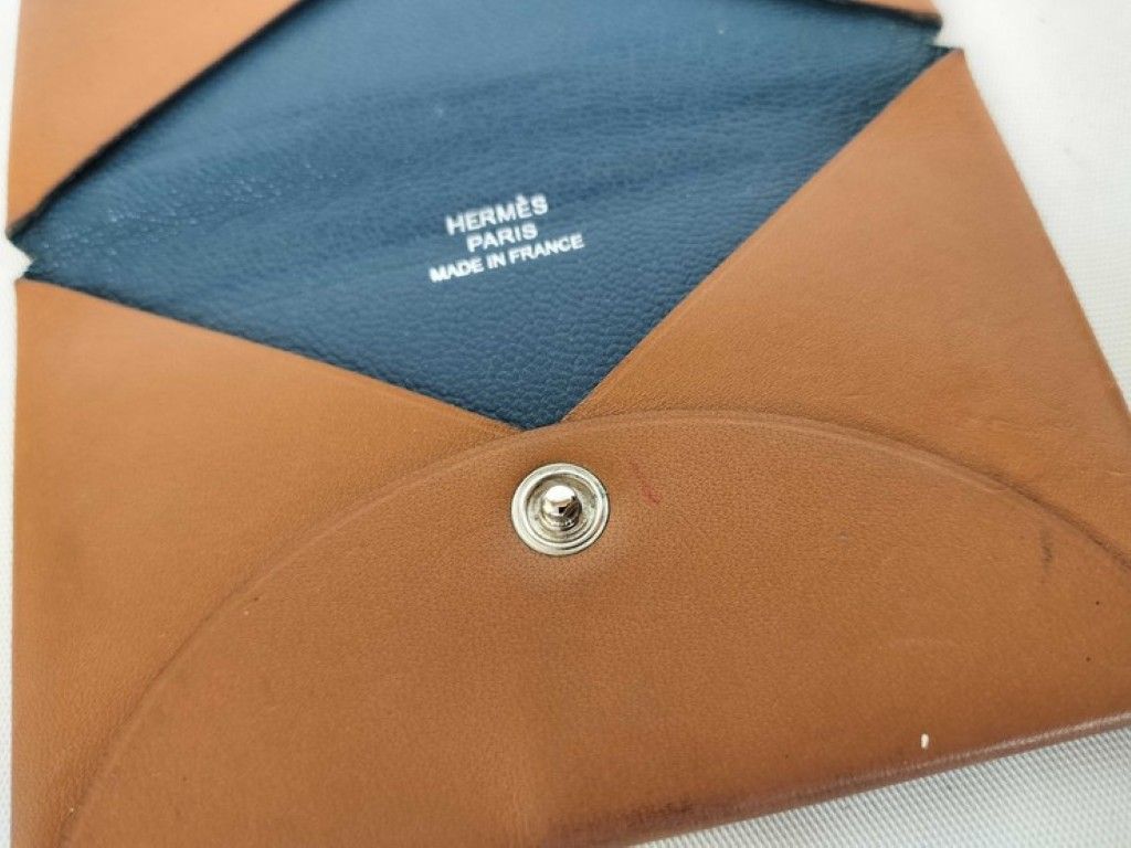 Hermes Card Case Calvi Verso Brown Navy Leather Business Holder Bicolor — view 7
