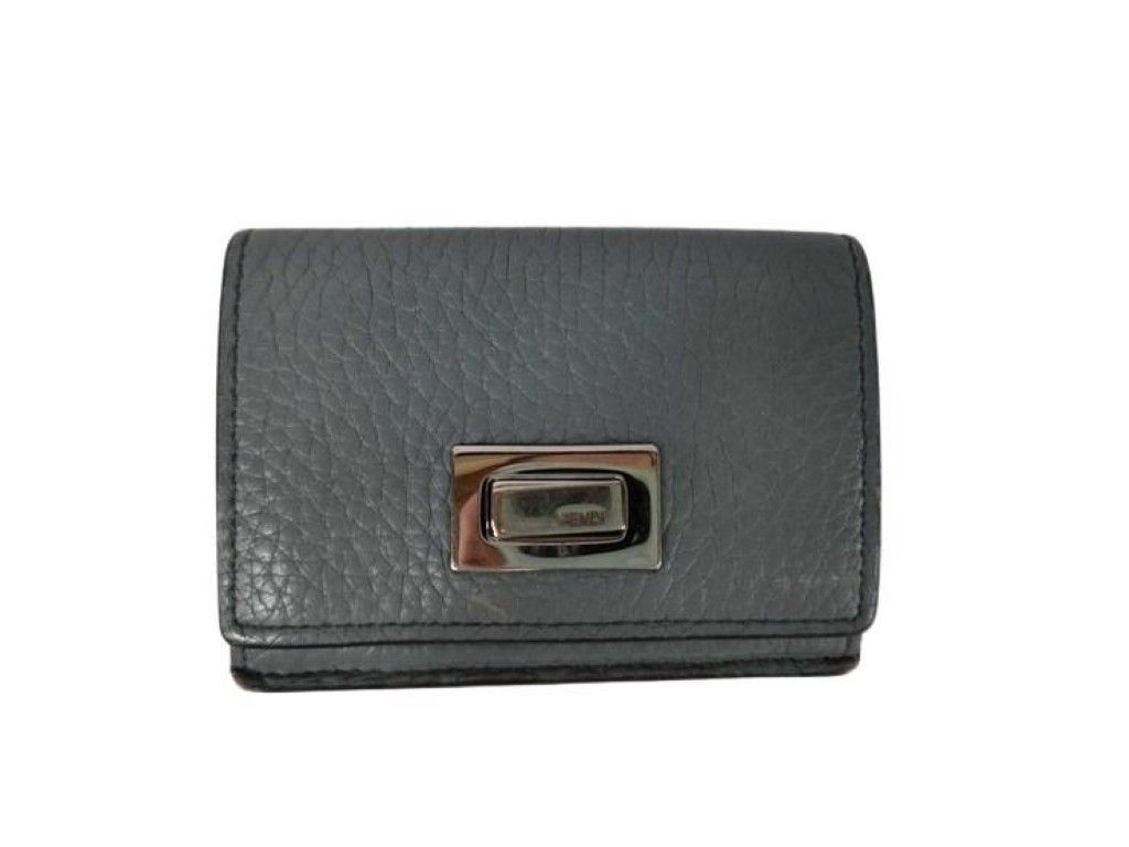 Fendi Trifold Wallet Peekaboo Selleria Micro Gray Leather Turnlock Silver