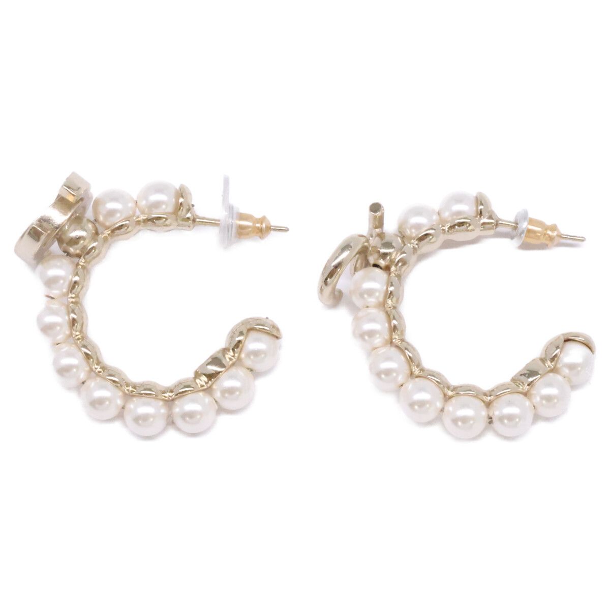 Chanel Gold CC Logo Fakepearl Hoop Earrings — view 2