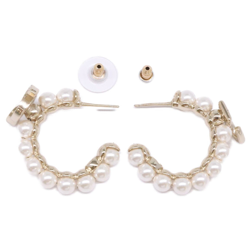 Chanel Gold CC Logo Fakepearl Hoop Earrings — view 8