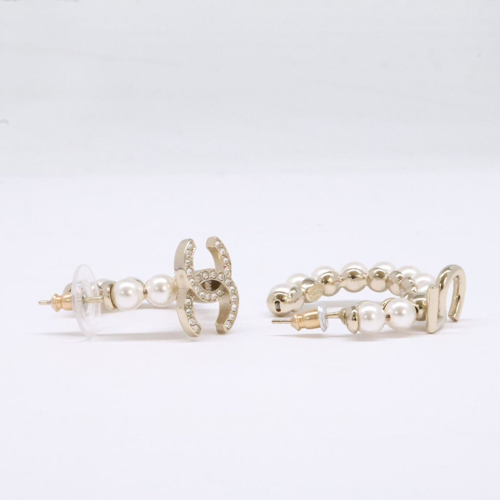Chanel Gold CC Logo Fakepearl Hoop Earrings — view 5