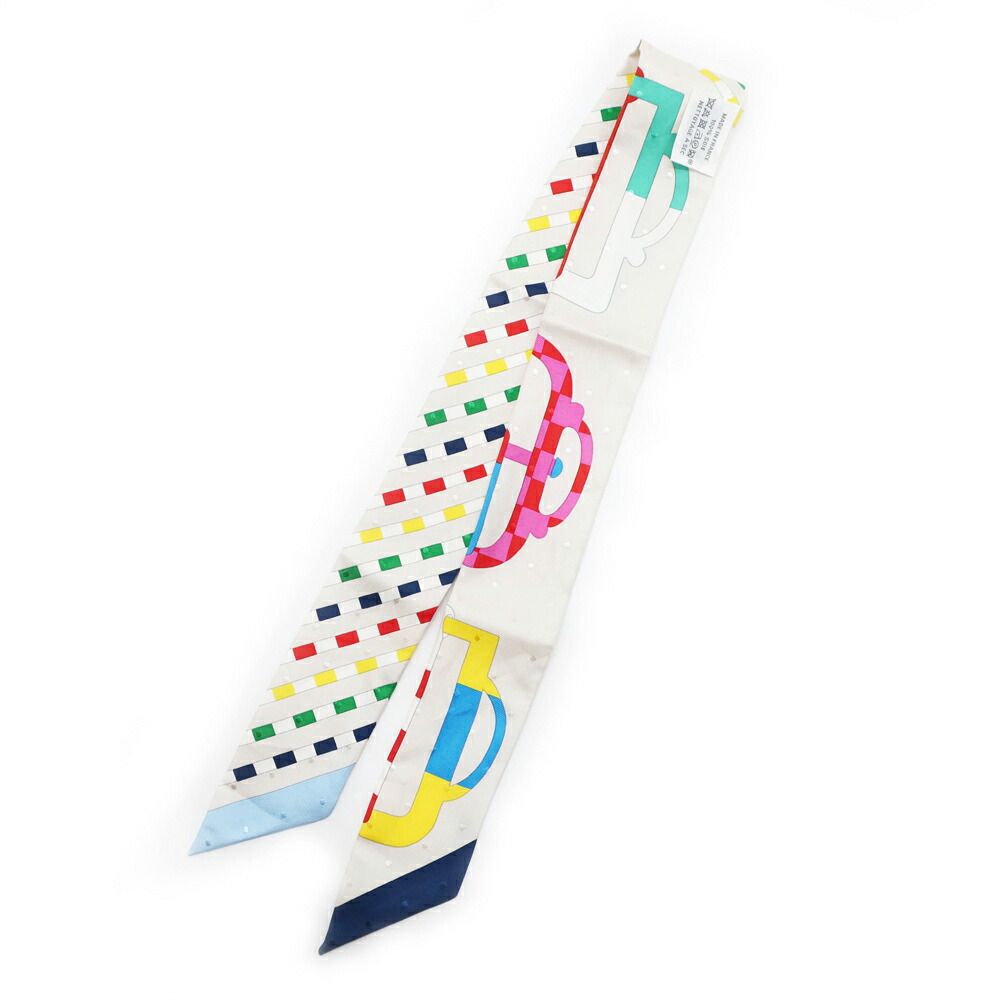 Hermes white: Twilly Scarf Buckle Bouclerie Moderne Gray Multicolor Silk — view 2