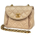 Chanel CC Logo Chain Shoulder Bag Quilted Leather Beige