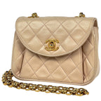 Chanel CC Logo Chain Shoulder Bag Quilted Leather Beige