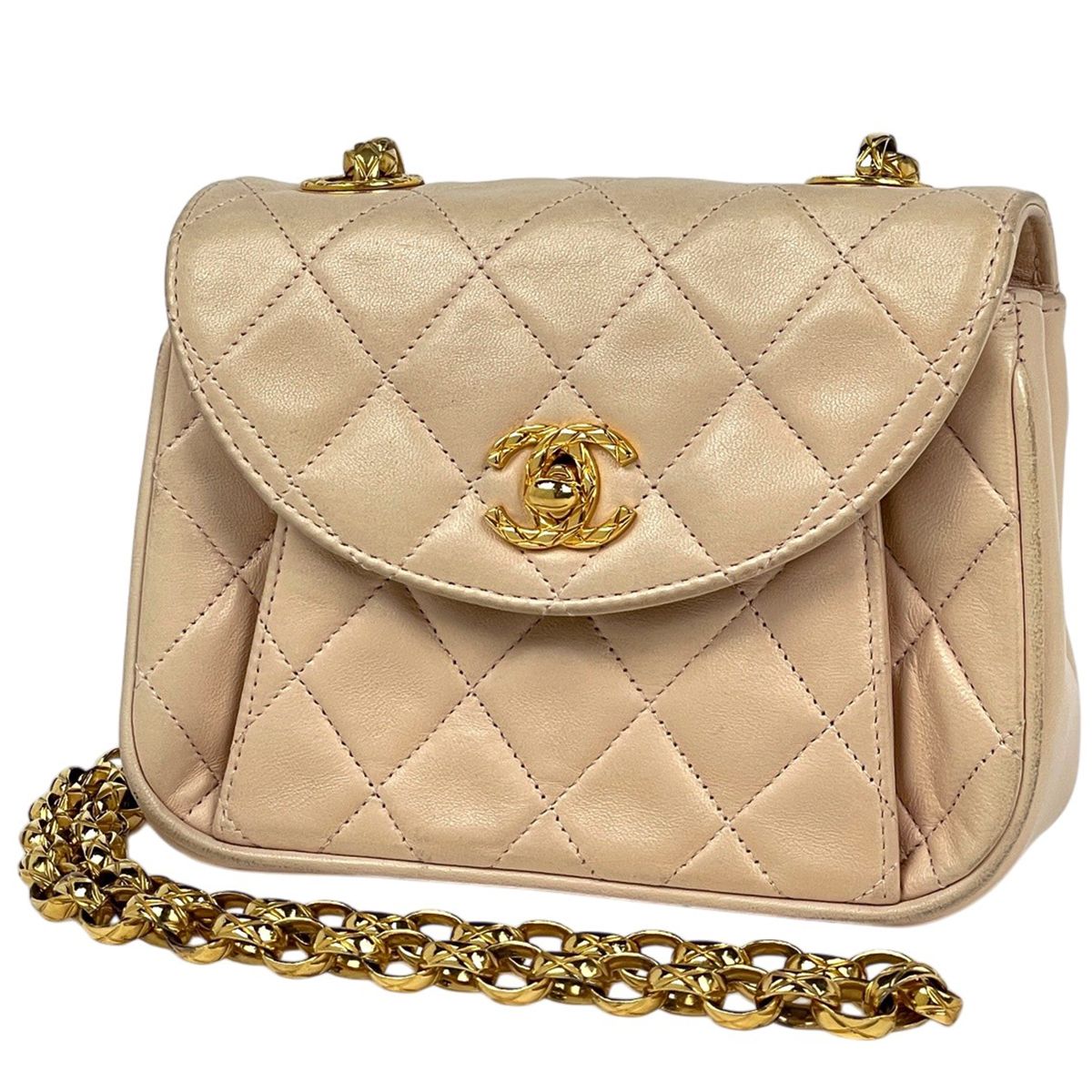 Chanel CC Logo Chain Shoulder Bag Quilted Leather Beige
